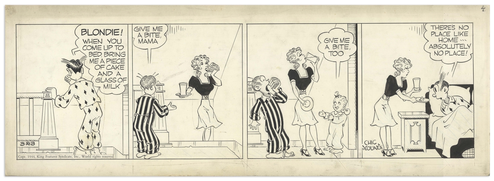 Chic Young Hand-Drawn ''Blondie'' Comic Strip From 1944 Titled ''Half Pack Attack!''